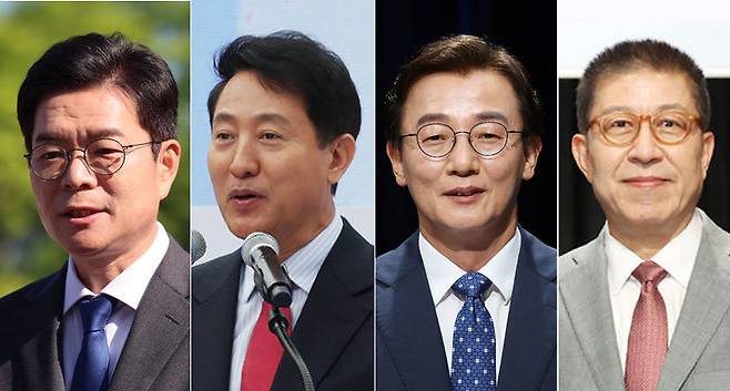(왼쪽부터) 더불어민주당 정원오 서울시장 후보, 국민의힘 오세훈 서울시장 후보, 더불어민주당 전재수 부산시장 후보, 국민의힘 박형준 부산시장 후보. 뉴시스