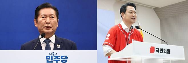 정청래 더불어민주당 대표가 13일 국회에서 기자회견을 하고 있다.(왼쪽사진) 장동혁 국민의힘 대표가 서울 여의도 중앙당사에서 열린 국민무시 심판 공소취소 저지 국민선거대책위원회 출범식에서 인사말을 하고 있다. 윤운식 선임기자 yws@hani.co.kr·공동취재사진
