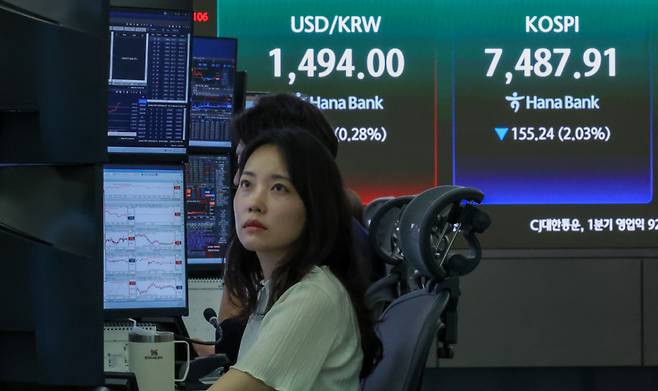 (서울=뉴스1) 이종수 인턴기자 = 코스피가 장 초반 7500선 아래로 밀린 13일 서울 중구 하나은행 딜링룸 전광판에 코스피 지수, 원·달러 환율이 표시돼 있다. 이날 코스피는 전 거래일 대비 129.50포인트 하락한 7513.65로 출발했다. 2026.5.13/뉴스1 Copyright (C) 뉴스1. All rights reserved. 무단 전재 및 재배포, AI학습 이용 금지. /사진=(서울=뉴스1) 이종수 인턴기자