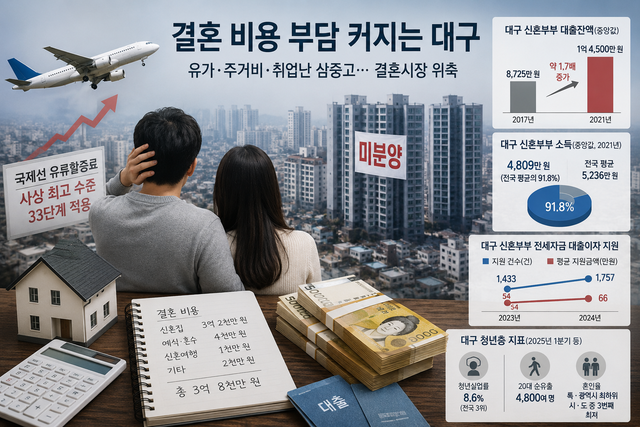 국제유가 상승과 주거비·대출 부담, 취업난 등이 겹치며 대구지역 청년층의 결혼 비용 부담이 커지고 있다. AI 생성이미지