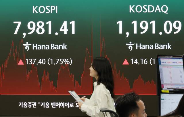14일 서울 중구 하나은행 딜링룸 현황판에 코스피 등이 표시되고 있다. /연합뉴스