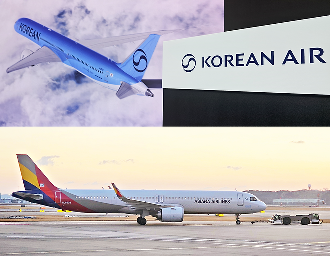 ▲대한항공의 신규 기업 이미지(CI)와 이를 적용한 787-10(HL8515) 여객기(상단)와 아시아나항공 A321-200 neo(HL8399) 여객기가 이륙을 위해 이동하는 모습(하단). 사진=박규빈 기자