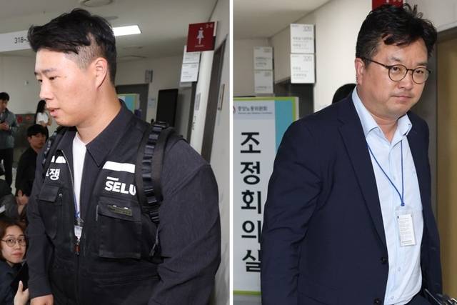 김형로(오른쪽) 삼성전자 대표교섭위원 부사장과 최승호(왼쪽) 초기업노조 삼성전자지부 위원장이 지난 13일 새벽 세종시 정부세종청사 중앙노동위원회에서 2026년 임금협약 체결을 위한 2차 사후조정이 결렬된 후 각각 협상장을 떠나고 있다. 연합뉴스
