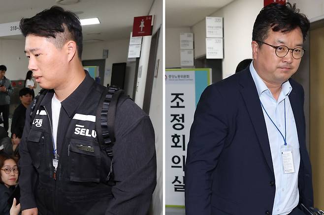 삼성전자 대표교섭위원인 김형로 부사장(오른쪽)과 최승호 초기업노조 삼성전자지부 위원장(왼쪽)이 13일 새벽 세종시 정부세종청사 중앙노동위원회에서 2026년 임금협약 체결을 위한 2차 사후조정이 결렬된 후 각각 협상장을 떠나고 있다. 연합뉴스