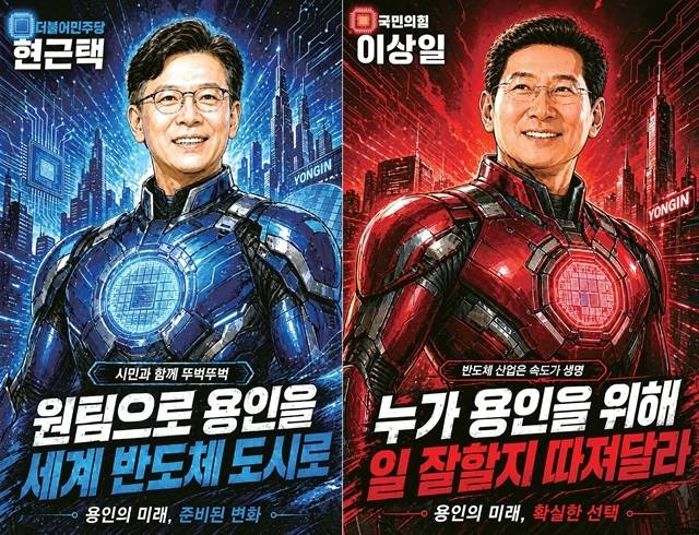 지금 용인은 거대한 반도체 벨트로 도시의 지도를 다시 그리고 있다. 대한민국 첨단산업의 중심으로 떠오른 이 도시에 용인특례시장 후보들이 인공지능(AI)이 그려낸 미래형 슈트를 입고 등장했다. 성장의 회로를 완성할 용인의 히어로는 누구일까. 챗GPT생성 이미지. 조주현기자