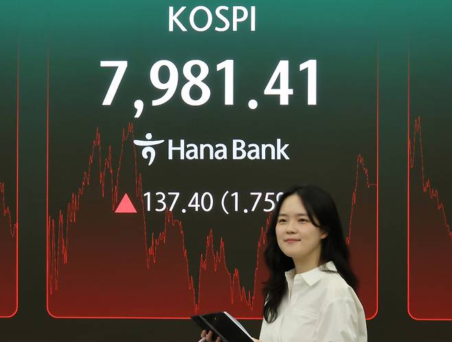 14일 서울 중구 하나은행 본점 딜링룸에 코스피가 표시되고 있다. 이날 코스피는 전날보다 137.40포인트(1.75%) 오른 7981.41로 장을 마쳤다. ‘8천피’까지 약 19포인트 남은 셈이다. [연합뉴스]