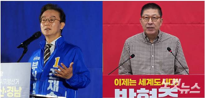 전재수 더불어민주당 부산시장 후보(왼쪽)와 박형준 국민의힘 부산시장 후보. 정혜린 기자, 강민정 기자