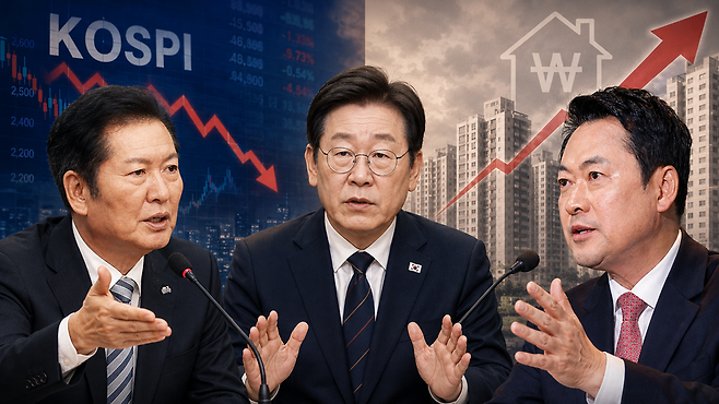 정청래 더불어민주당 대표(사진 왼쪽부터)와 이재명 대통령, 장동혁 국민의힘 대표 ⓒ챗GPT 생성형 이미지