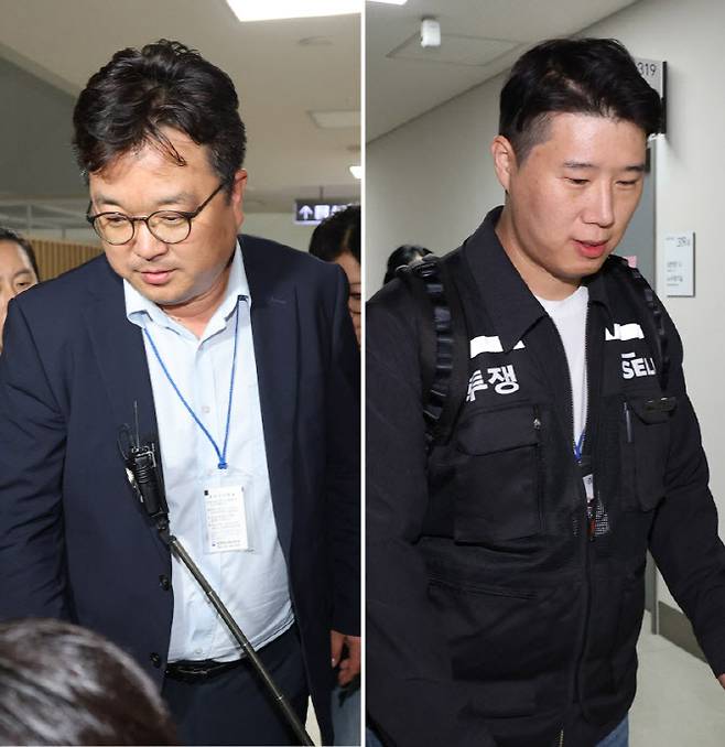 삼성전자 대표교섭위원인 김형로 부사장(왼쪽)과 최승호 초기업노조 삼성전자지부 위원장(오른쪽)이 지난 13일 새벽 세종시 정부세종청사 중앙노동위원회에서 2026년 임금협약 체결을 위한 2차 사후조정이 결렬된 후 협상장을 각각 떠나고 있다. (사진=연합뉴스)
