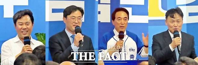 김민수 후보 개소식에서 축사하고 있는 박정현 전 부여군수, 이정문 충남도당위원장, 박수현 충남도지사 후보, 김영진 국회의원.(왼쪽부터) /김형중 기자