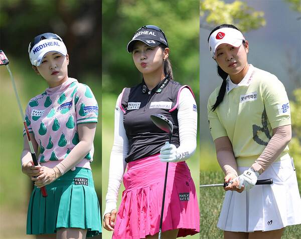 2026년 한국여자프로골프(KLPGA) 투어 제18회 두산 매치플레이에 출전한 이예원, 박현경, 유현조 프로가 조별리그 3라운드에서 경기하는 모습이다. 사진제공=KLPGA (사진을 무단으로 사용하지 마십시오.)