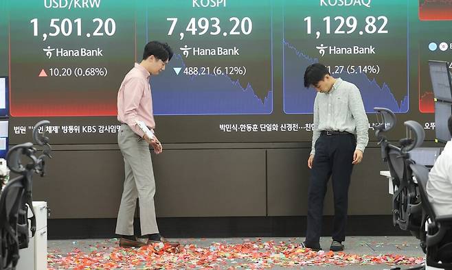 코스피가 장 초반 사상 처음 8000선을 돌파한 뒤 급락 전환해 7500선을 내준 15일 서울 중구 하나은행 딜링룸에서 직원이 8000선 돌파기념 세리머니 흔적을 바라보고 있다. 연합뉴스