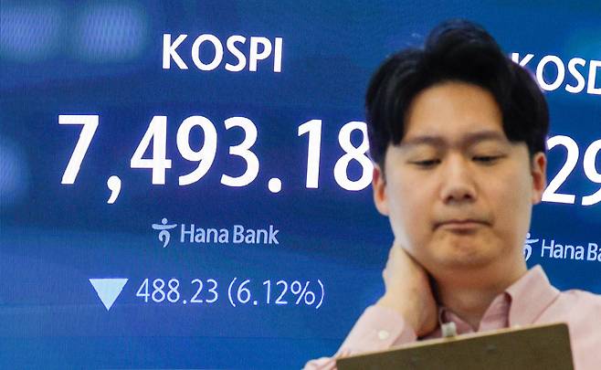 코스피가 장중 사상 처음으로 8,000포인트를 돌파했다가 7,490선에서 거래를 마감한 15일 오후 서울 중구 하나은행 본점 딜링룸에 종가가 나오고 있다. 뉴스1