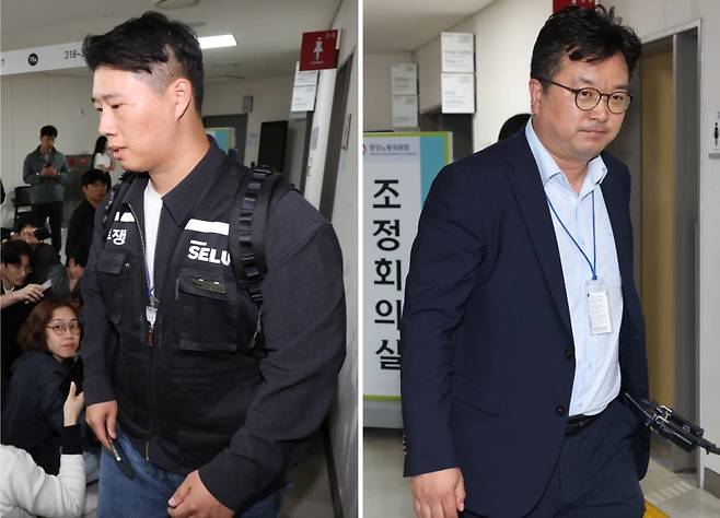 ▲삼성전자 대표교섭위원인 김형로 부사장(오른쪽 사진)과 최승호 초기업노조 삼성전자지부 위원장이 지난 13일 새벽 세종시 정부세종청사 중앙노동위원회에서 2026년 임금협약 체결을 위한 2차 사후조정이 결렬된 후 각각 협상장을 떠나는 모습. [연합뉴스]