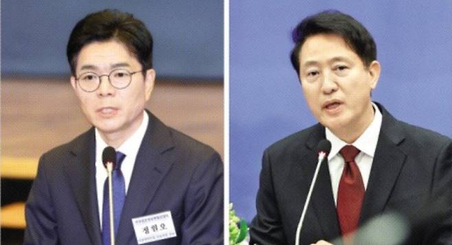 정원오(왼쪽) 더불어민주당 서울시장 후보와 오세훈 국민의힘 후보가 14일 서울 중구 대한상공회의소 국제회의장에서 열린 신문방송편집인협회 포럼에 참석해 각각 발언하고 있다. 뉴스1