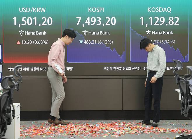 15일 코스피 지수가 사상 처음으로 8000포인트를 돌파했지만, 상승세를 이어 가지 못하고 급락했다. 이날 서울 하나은행 딜링룸에서 직원들이 최고가 기념 색종이를 치우고 있다. [연합뉴스]