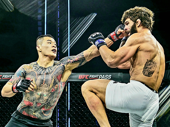 Contender Series 황인수가 2026년 5월 서울올림픽핸드볼경기장 Z-Fight Night 04 메인이벤트에서 빅리그 10경기 앨릭스 에런 펄리지를 때리고 있다. ‘코리안 좀비’ 정찬성 대표의 ZFN은 UFC Fight Pass를 통해 중남미 제외 글로벌 생중계된다. 사진=MCP ECC