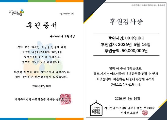 후원증서. 이담엔터테인먼트 제공