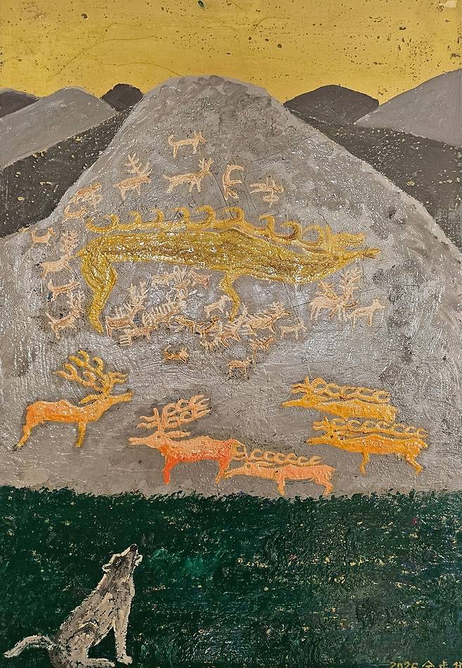 '늑대와 사슴 암각화' 나무판에 옻칠, 60x40㎝, 2026년 [전호태 교수 제공. 재판매 및 DB 금지]