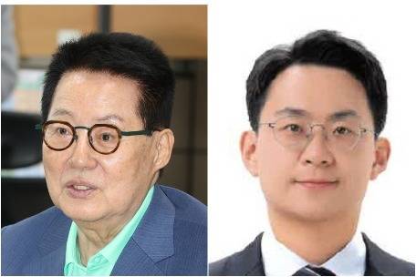 5선 박지원 국회의원(왼쪽)과 군산·김제·부안을 국회의원 재선거에 출마한 박지원 후보.