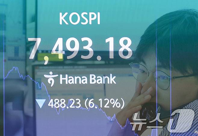 코스피가 장중 사상 처음으로 8000포인트를 돌파했다가 7490선에서 거래를 마감한 15일 오후 서울 중구 하나은행 본점 딜링룸에서 딜러가 업무를 보고 있다. (레이어 합성) 2026.5.15 ⓒ 뉴스1 안은나 기자