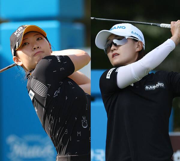 2026년 한국여자프로골프(KLPGA) 투어 제18회 두산 매치플레이 결승에 진출한 방신실, 최은우 프로가 4강전에서 경기하는 모습이다. 사진제공=KLPGA (사진을 무단으로 사용하지 마십시오.)