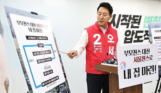 오세훈 국민의힘 서울시장 후보가 17일 서울 종로구 선거 캠프에서 무주택 청년이 주택 가격의 20%만 부담하면 서울주택도시개발공사(SH)와 공동 지분 형태로 집을 매입할 수 있는 ‘서울내집’ 부동산 공약을 발표하고 있다. 연합뉴스