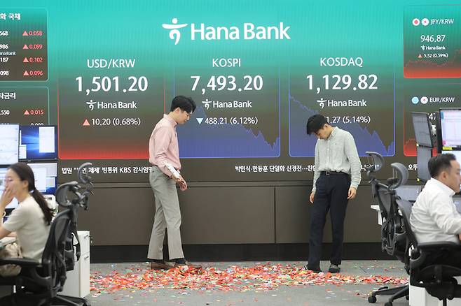 코스피가 장 초반 사상 처음 8000선을 돌파한 뒤 급락 전환해 7500선을 내준 15일 서울 중구 하나은행 딜링룸에서 직원이 8000포인트 돌파기념 세리머니 흔적을 바라보고 있다. [연합뉴스]