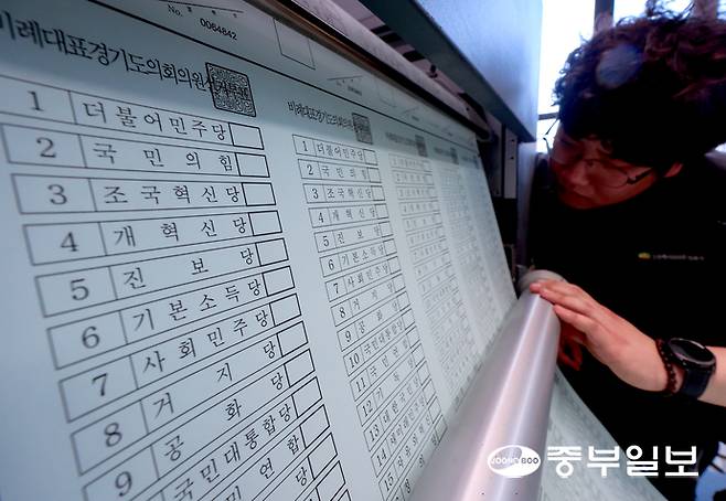 제9회 전국동시지방선거 투표용지 인쇄가 시작된 18일 오전 경기 수원시 한 인쇄소에서 관계자가 투표용지를 점검하고 있다. 노민규기자