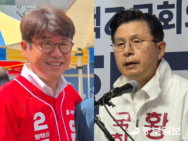 6월 3일 평택을 국회의원 재선거에 출마하는 보수 진영 후보들의 18일 활동 사진. 왼쪽부터 유의동(국민의힘)·황교안(자유와혁신) 후보. 강현수기자