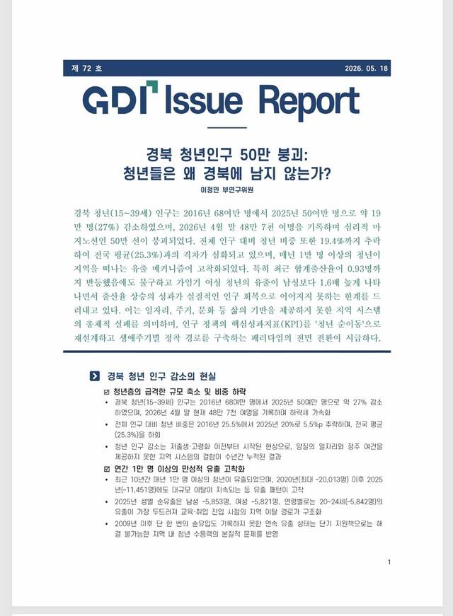 경북연구원이 18일 발표한 이슈 리포트 첫 페이지.