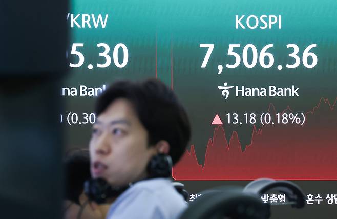 코스피가 장중 상승 전환해 7500선을 넘은 18일 오전 서울 중구 하나은행 본점 딜링룸 전광판에 코스피 지수가 표시되고 있다. 이날 코스피는 전 거래일 대비 48.89포인트(0.67%) 내린 7443.29에 거래를 시작했다./뉴스1