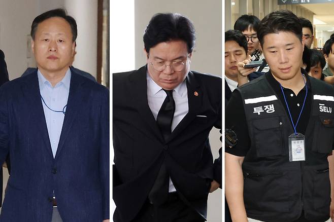 삼성전자 노사는 총파업 예고 시점을 사흘 앞둔 18일 정부세종청사 중앙노동위원회에서 정부 중재로 성과급 갈등을 둘러싼 마지막 협상을 벌이고 있다.  이날 2차 사후조정이 열린 중노위 조정회의장으로 각각 들어가는 삼성전자 사측 대표교섭위원인 여명구 DS(반도체 부문) 피플팀장(왼쪽)과 삼성그룹 초기업노동조합 삼성전자지부 최승호 위원장(오른쪽). 집무실로 들어가는 김영훈 고용노동부 장관(가운데). 연합뉴스
