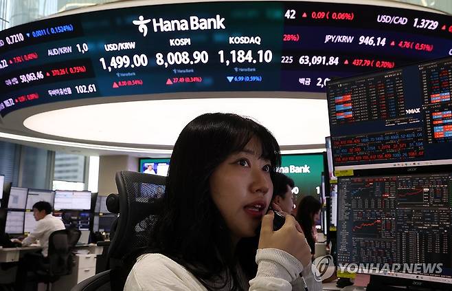 코스피 8000 시대 (서울=연합뉴스) 윤동진 기자 = 코스피가 8000 포인트를 돌파한 15일 서울 하나은행 본점 딜링룸에서 딜러들이 업무를 보고 있다. 2026.5.15 mon@yna.co.kr