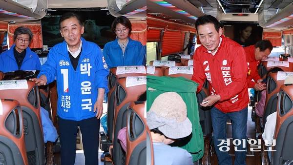 더불어민주당 박윤국 포천시장 후보(왼쪽)와 국민의힘 백영현 포천시장 후보 지역주민들에게 간단한 인사말을 전하고 있다. 2026.5.18 포천/최재훈기자 cjh@kyeongin.com