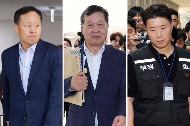 지난 18일 2차 사후조정이 열린 중노위 조정회의장으로 각각 들어가는 삼성전자 사측 대표교섭위원인 여명구 DS(반도체 부문) 피플팀장, 박수근 중앙노동위원장, 삼성그룹 초기업노동조합 삼성전자지부 최승호 위원장. [사진=연합뉴스]