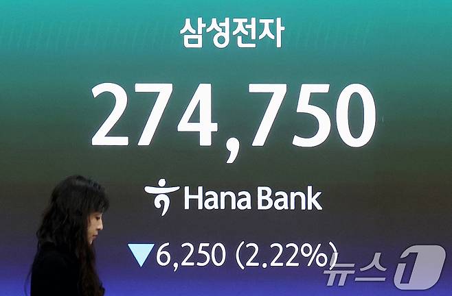19일 오전 서울 중구 하나은행 딜링룸 전광판에 삼성전자 증시 현황이 표시되고 있다. 2026.5.19 ⓒ 뉴스1 조연우 인턴기자