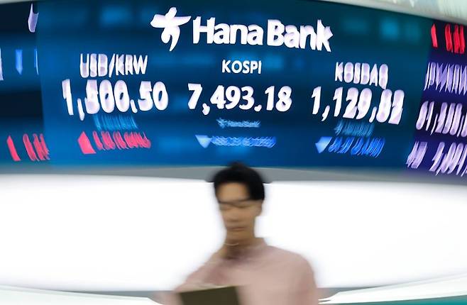 코스피가 장중 사상 처음으로 8000포인트를 돌파했다가 7490선에서 거래를 마감한 15일 오후 서울 중구 하나은행 본점 딜링룸 전광판에 종가가 나오고 있다. 2026.5.15 /사진=뉴스1