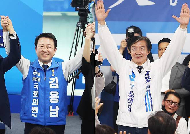 경기 평택을 국회의원 재선거에 출마한 민주·진보 진영 후보들이 16일 경기도 평택시 안중읍 각 후보 선거사무소에 열린 개소식에서 기념 촬영을 하고 있다. 왼쪽부터 더불어민주당 김용남, 조국혁신당 조국. 연합뉴스