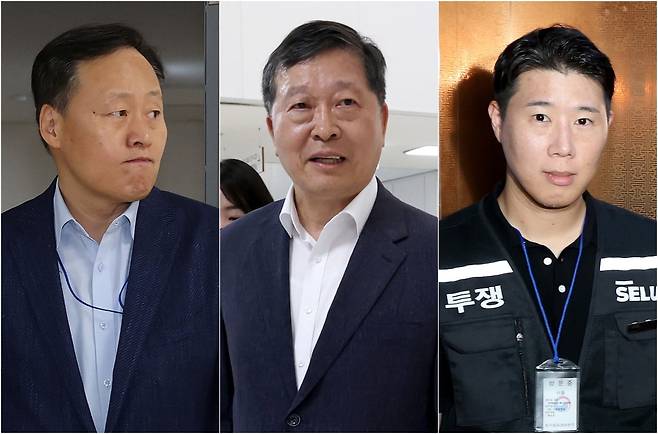 여명구 사측 대표교섭위원(반도체 부문 피플팀장, 왼쪽부터), 박수근 중앙노동위원회 위원장, 최승호 삼성전자 초기업노동조합 삼성전자지부 위원장이 18일 정부세종청사 중앙노동위원회에서 열린 2차 삼성전자 노사 사후조정 회의에 참석하고 있다.  / 사진=뉴스1