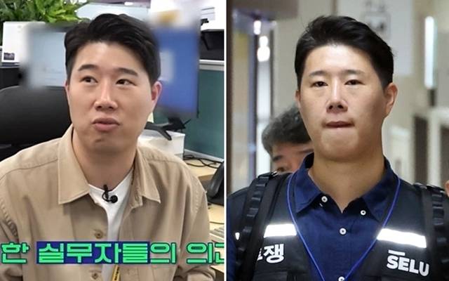 최승호(오른쪽) 초기업노조 삼성전자지부 위원장이 19일 정부세종청사 중앙노동위원회에서 열리는 사후조정회의에 참석하고 있다. 왼쪽은 2023년 삼성전자 반도체 뉴스룸 사내 콘텐츠에 출연한 최 위원장의 모습. 2026.5.19 뉴시스/삼성전자 반도체 뉴스룸 화면