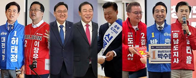 (왼쪽부터) 허태정 대전시장 후보, 이장우 대전시장 후보, 조상호 세종시장 후보, 최민호 세종시장 후보, 신용한 충북도지사 후보, 김영환 충북도지사 후보, 박수현 충남도지사 후보, 김태흠 충남도지사 후보. 사진=각 후보 선거사무소 제공 및 연합뉴스 제공.&nbsp;