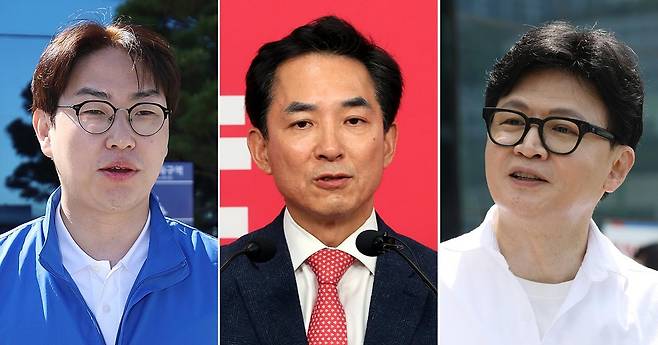 부산 북갑 국회의원 보궐선거에 출마한 하정우 더불어민주당 후보, 박민식 국민의힘 후보, 한동훈 무소속 후보. 뉴시스