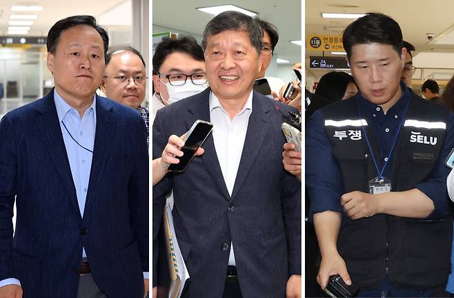 (왼쪽부터) 삼성전자 사측 대표교섭위원인 여명구 DS(반도체) 피플팀장, 박수근 중앙노동위원장, 최승호 삼성그룹 초기업노동조합 삼성전자지부 위원장./연합뉴스
