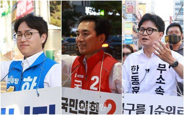 부산 북구갑 국회의원 보궐선거에 출마한 하정우 더불어민주당 후보·박민식 국민의힘 후보·한동훈 무소속 후보 ⓒ데일리안 방규현 기자