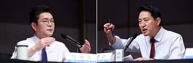 정원오 더불어민주당 서울시장 후보(왼쪽)와 오세훈 국민의힘 서울시장 후보가 20일 오전 서울 중구 한국프레스센터에서 열린 관훈클럽 초청 토론회에서 각각 발언하고 있다. 뉴스1