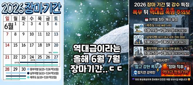올해 장마기간을 예보한다는 SNS 게시물들[인스타그램 캡처]