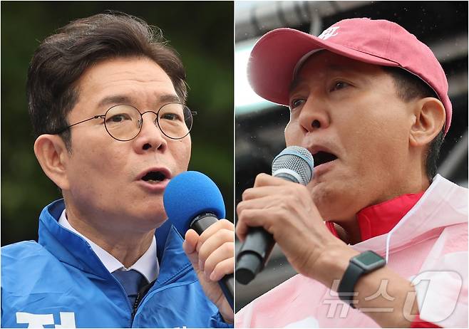 정원오 더불어민주당 서울시장 후보(왼쪽)와 오세훈 국민의힘 서울시장 후보가 제9회 전국동시지방선거 공식 선거운동이 시작된 21일 서울 성동구 왕십리역 광장과 강북구 삼양사거리에서 유권자들에게 지지를 호소하고 있다. 2026.5.21 ⓒ 뉴스1 김진환 기자