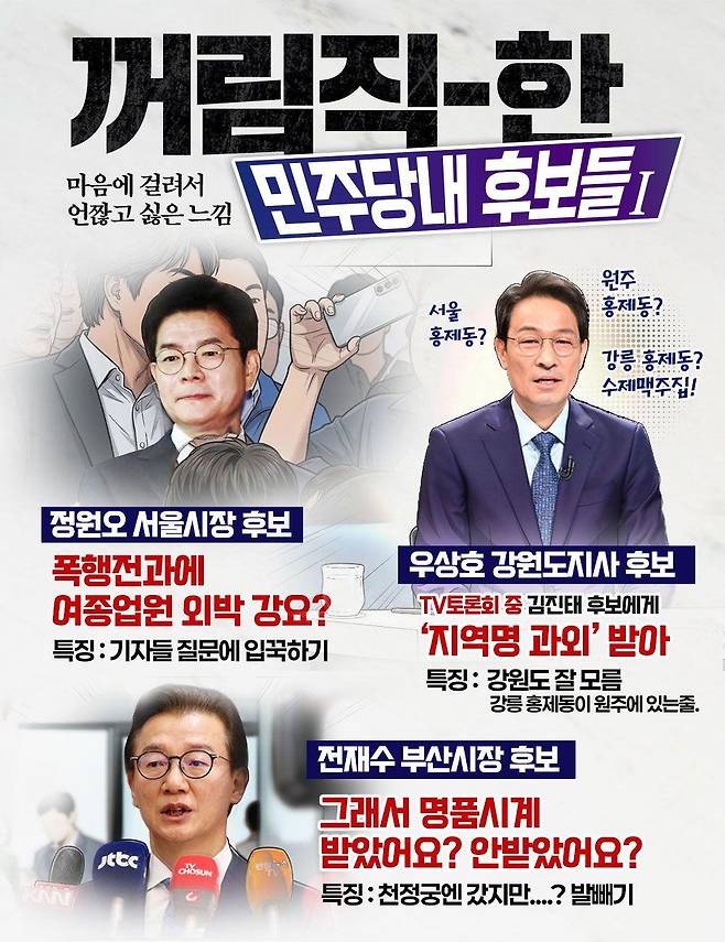 국민의힘이 제작해 배포하고 있는 더불어민주당 광역 시도지사 후보들의 설화를 담은 카드뉴스. 국민의힘 제공