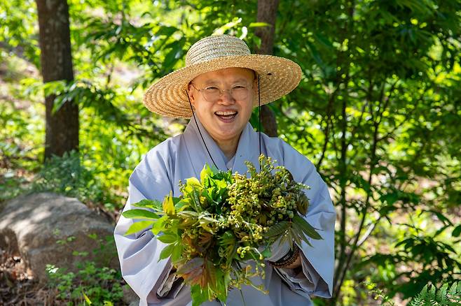 경남 산청 금수암 주지인 '대안스님'은 사찰 음식 대중화의 선구자로 불린다. 대안스님이 가깝게 지내는 농부의 산자락 밭에서 고사리, 참죽나물, 들메나무 순을 따고 활짝 웃고 있다.